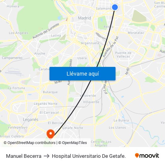 Manuel Becerra to Hospital Universitario De Getafe. map