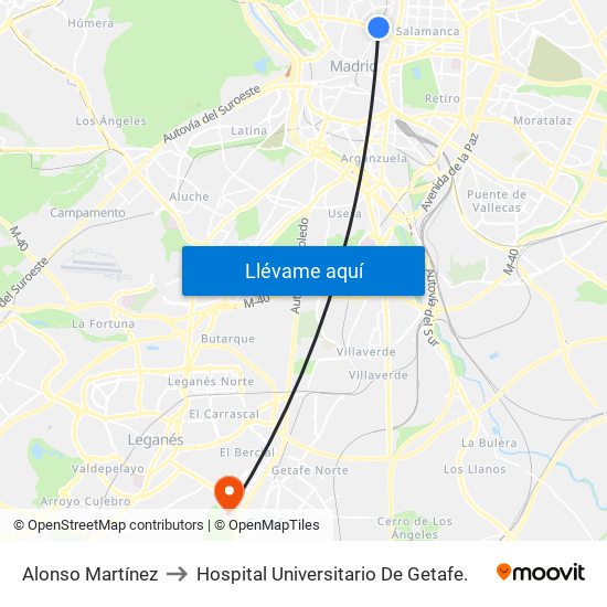 Alonso Martínez to Hospital Universitario De Getafe. map