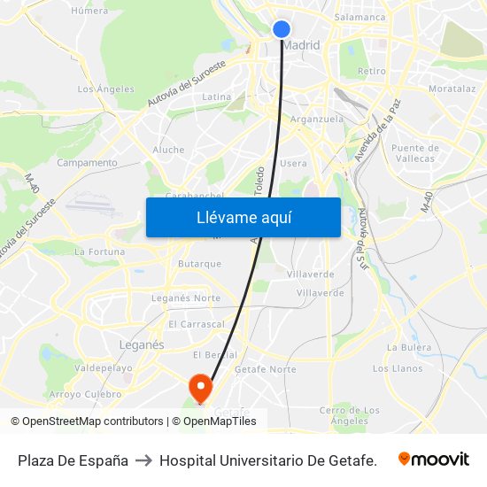 Plaza De España to Hospital Universitario De Getafe. map