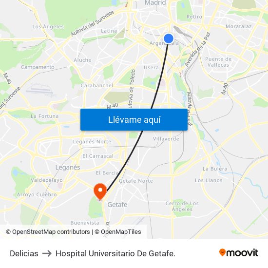 Delicias to Hospital Universitario De Getafe. map