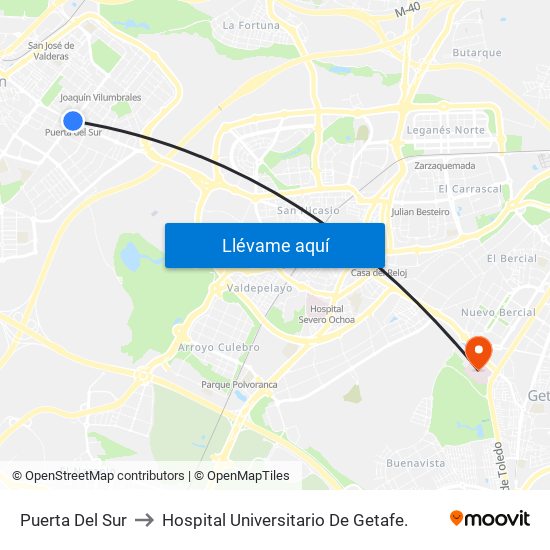 Puerta Del Sur to Hospital Universitario De Getafe. map