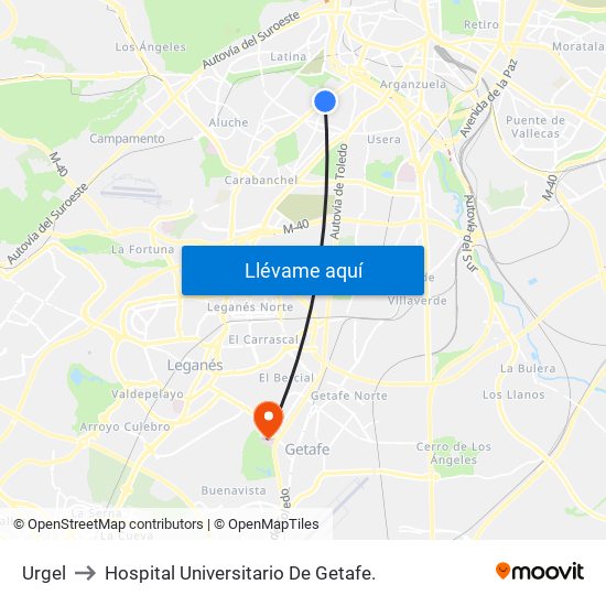 Urgel to Hospital Universitario De Getafe. map