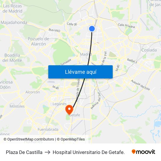 Plaza De Castilla to Hospital Universitario De Getafe. map