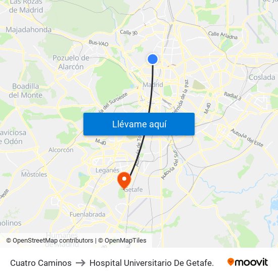 Cuatro Caminos to Hospital Universitario De Getafe. map