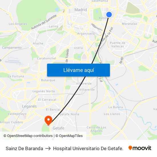 Sainz De Baranda to Hospital Universitario De Getafe. map