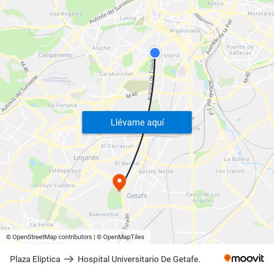 Plaza Elíptica to Hospital Universitario De Getafe. map
