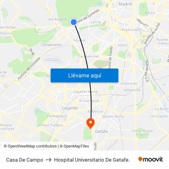 Casa De Campo to Hospital Universitario De Getafe. map