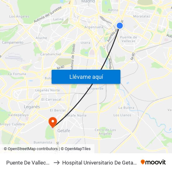 Puente De Vallecas to Hospital Universitario De Getafe. map