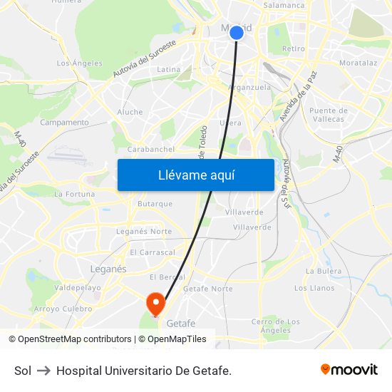 Sol to Hospital Universitario De Getafe. map
