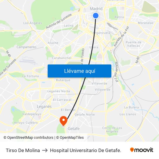 Tirso De Molina to Hospital Universitario De Getafe. map
