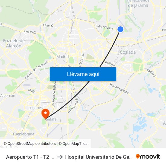 Aeropuerto T1 - T2 - T3 to Hospital Universitario De Getafe. map