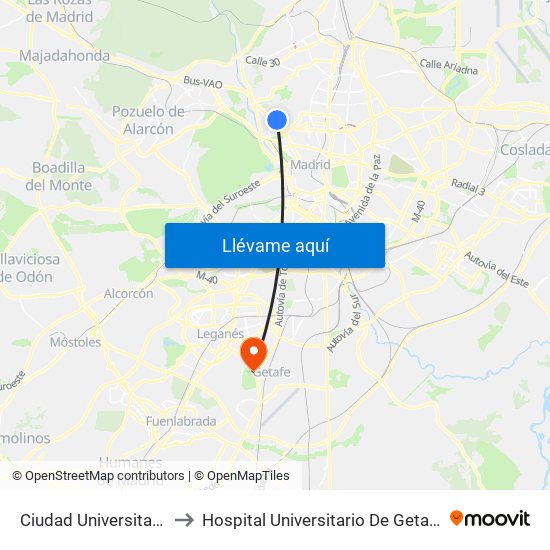 Ciudad Universitaria to Hospital Universitario De Getafe. map