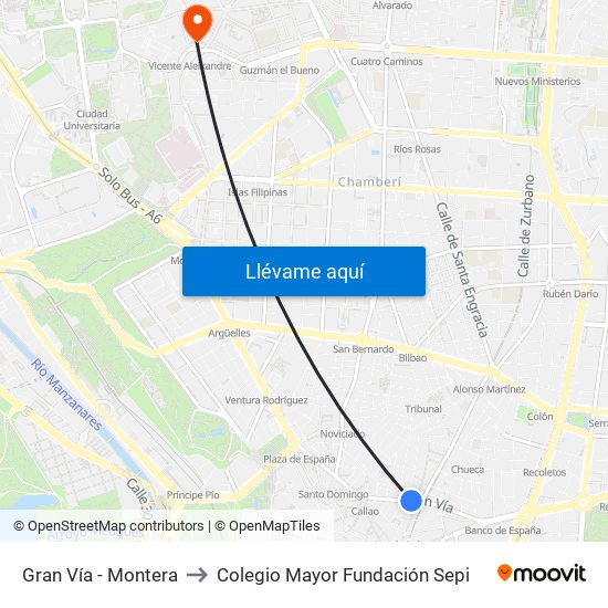 Gran Vía - Montera to Colegio Mayor Fundación Sepi map