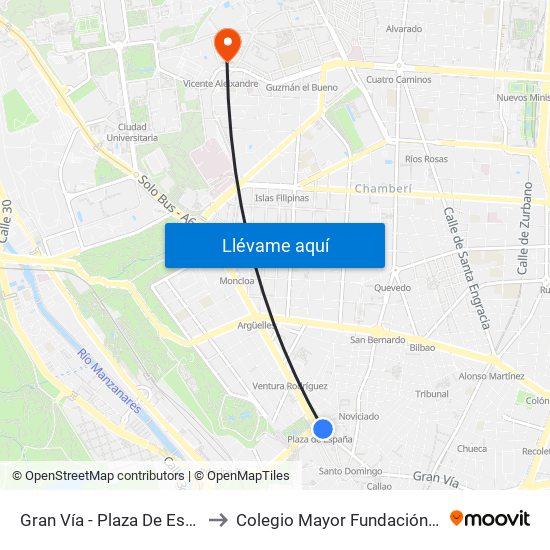 Gran Vía - Plaza De España to Colegio Mayor Fundación Sepi map