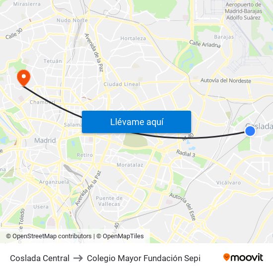 Coslada Central to Colegio Mayor Fundación Sepi map