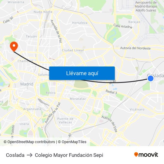 Coslada to Colegio Mayor Fundación Sepi map