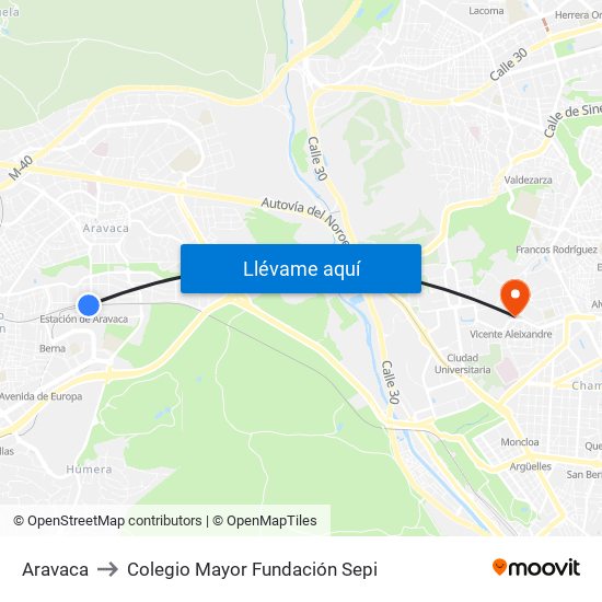 Aravaca to Colegio Mayor Fundación Sepi map