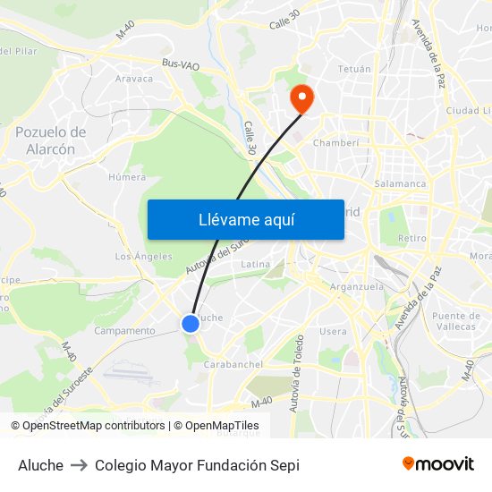 Aluche to Colegio Mayor Fundación Sepi map