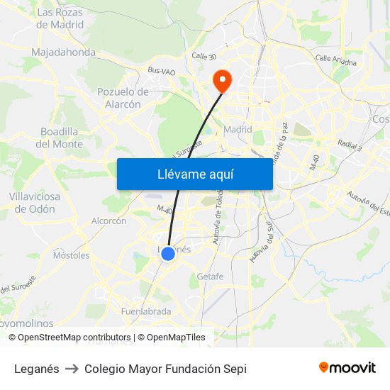 Leganés to Colegio Mayor Fundación Sepi map