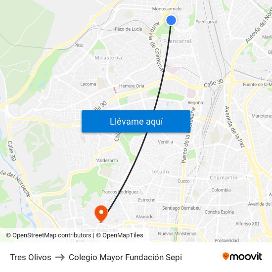 Tres Olivos to Colegio Mayor Fundación Sepi map