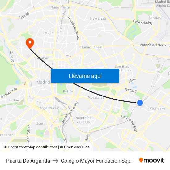 Puerta De Arganda to Colegio Mayor Fundación Sepi map