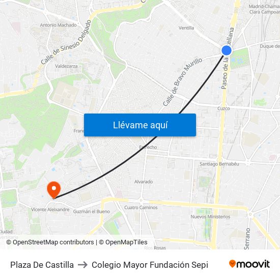 Plaza De Castilla to Colegio Mayor Fundación Sepi map