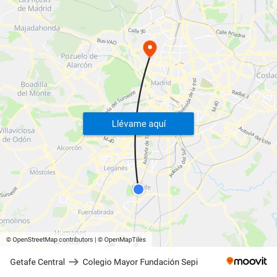 Getafe Central to Colegio Mayor Fundación Sepi map