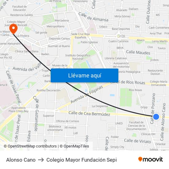 Alonso Cano to Colegio Mayor Fundación Sepi map