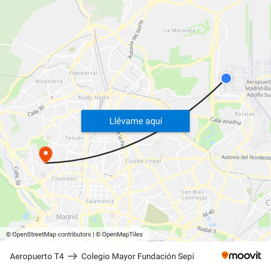 Aeropuerto T4 to Colegio Mayor Fundación Sepi map