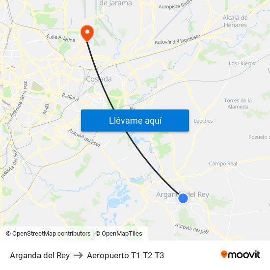 Arganda del Rey to Aeropuerto T1 T2 T3 map