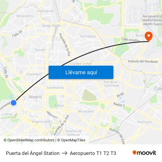 Puerta del Ángel Station to Aeropuerto T1 T2 T3 map