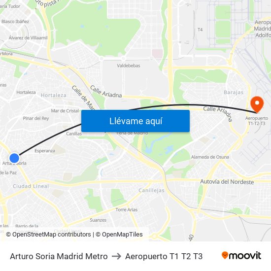 Arturo Soria Madrid Metro to Aeropuerto T1 T2 T3 map