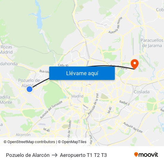 Pozuelo de Alarcón to Aeropuerto T1 T2 T3 map