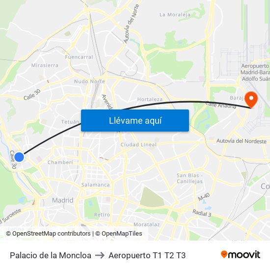 Palacio de la Moncloa to Aeropuerto T1 T2 T3 map