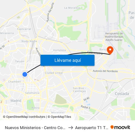 Nuevos Ministerios - Centro Comercial to Aeropuerto T1 T2 T3 map