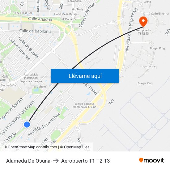 Alameda De Osuna to Aeropuerto T1 T2 T3 map