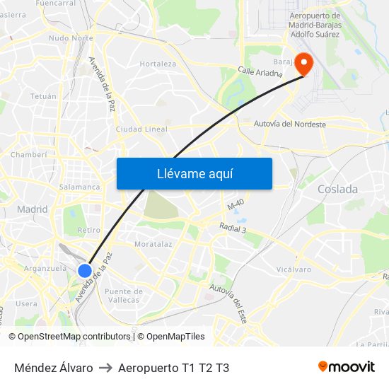 Méndez Álvaro to Aeropuerto T1 T2 T3 map