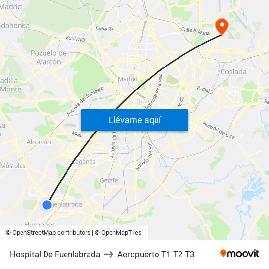 Hospital De Fuenlabrada to Aeropuerto T1 T2 T3 map