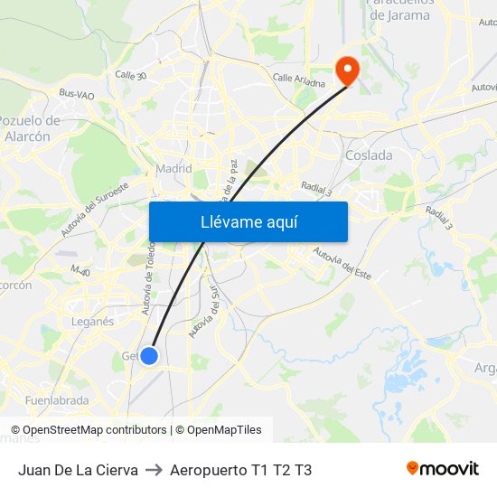 Juan De La Cierva to Aeropuerto T1 T2 T3 map