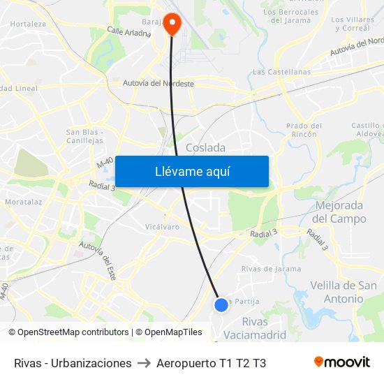 Rivas - Urbanizaciones to Aeropuerto T1 T2 T3 map