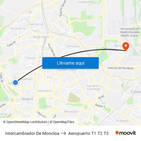 Intercambiador De Moncloa to Aeropuerto T1 T2 T3 map