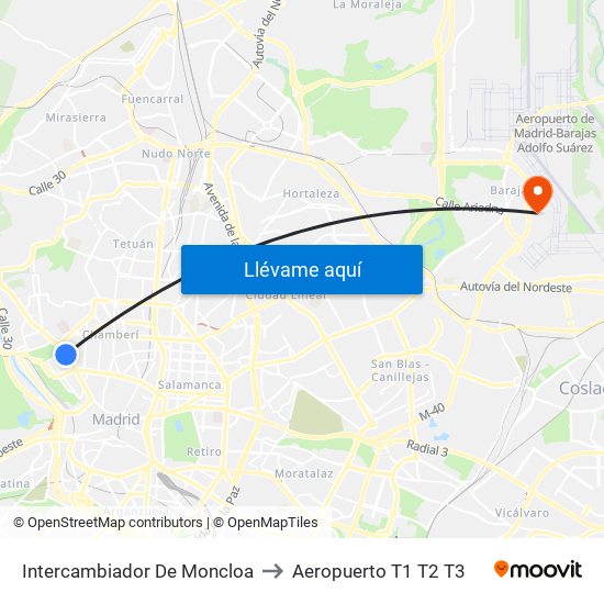 Intercambiador De Moncloa to Aeropuerto T1 T2 T3 map