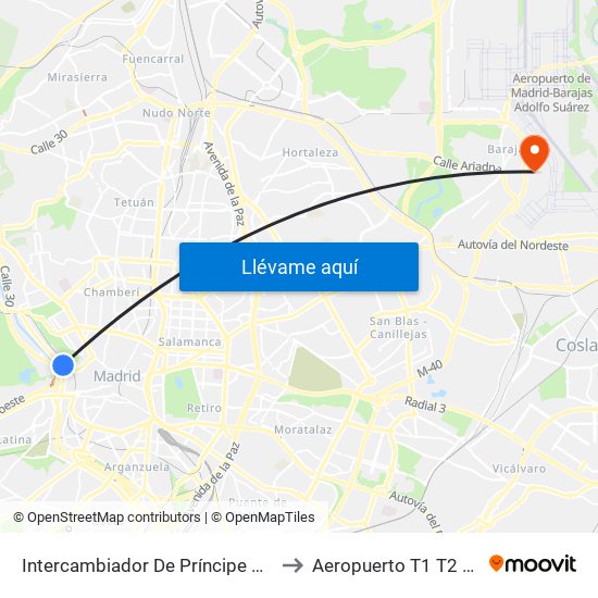Intercambiador De Príncipe Pío to Aeropuerto T1 T2 T3 map
