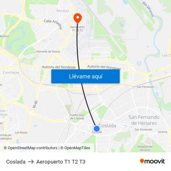 Coslada to Aeropuerto T1 T2 T3 map