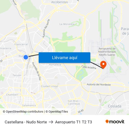 Castellana - Nudo Norte to Aeropuerto T1 T2 T3 map