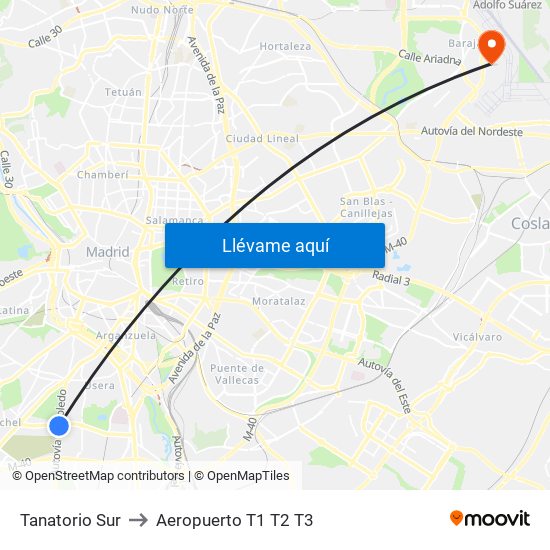Tanatorio Sur to Aeropuerto T1 T2 T3 map