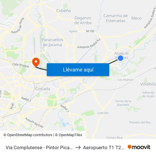 Vía Complutense - Pintor Picasso to Aeropuerto T1 T2 T3 map