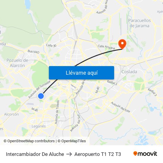 Intercambiador De Aluche to Aeropuerto T1 T2 T3 map
