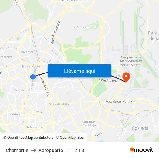 Chamartín to Aeropuerto T1 T2 T3 map