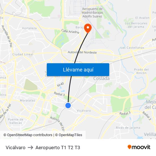 Vicálvaro to Aeropuerto T1 T2 T3 map